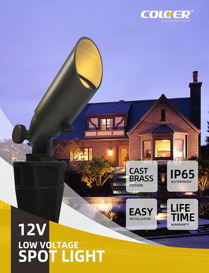 COLOER Mini Size Die-cast Brass Landscape SpotLights Outdoor,12Volt AC/DC Low Voltage Landscape Lighting,IP65 Waterproof Outdoor Adjustable Yard Spotlight with Stake(104B,Bronze,1-Pack Without Bulb)