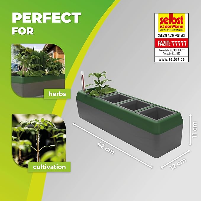 Bio Green Provence Self Watering Planters – 4-Herb Window Boxes Planters with Water Level Indicator – Windowsill Planter – Modern Pot Design – Practical and Easy to Use, Grey, Dark Green (PRO-4)