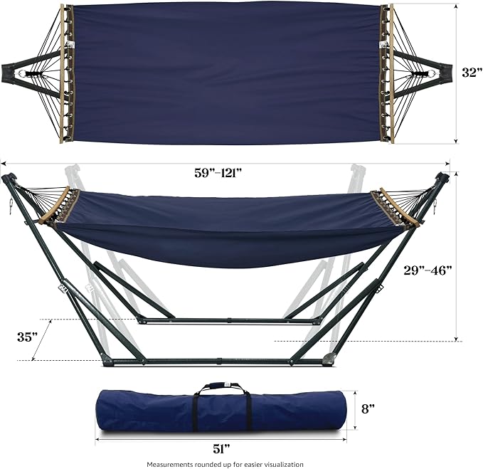 Tranquillo Ultimate Relaxation Portable Hammock Stand with Cotton Canvas Net, Spreader Bar, Quick Fold Unfold in 30 Seconds Steel Frame Hammock 600 lbs Capacity Outdoor, Navy