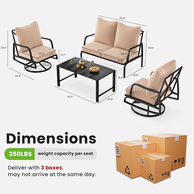 Soohow Patio Furniture Set, 4 Piece Outdoor Patio Furniture Set, 2 x Outdoor Swivel Chair, 1 x 2-Seats Sofa and 1 x Coffee Table, Metal Conversation Set for Porch, Balcony, and Backyard