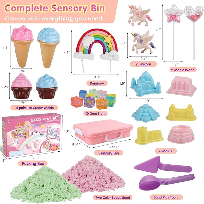 Unicorn Sensory Sand Bin Kit for Girls, Magic Art Unicorn Castle Ice Cream Molds, 2.2lbs Colorful Play Sand, Tools Sandbox with Lid – Great Christmas Birthday Magic Sand Gift for Toddlers 3 4 5 6 7 8