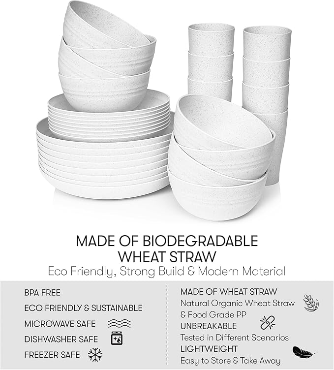 Wheat Straw Dinnerware Sets | Unbreakable Dinnerware Sets | Dishwasher Microwave Safe Dinnerware | Eco Friendly Non Breakable Dinnerware Sets | RV Outdoor Camping (White, Service for 8 (32 pcs))