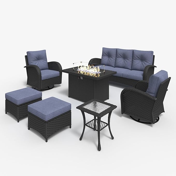 LayinSun 7 Pieces Outdoor Patio Furniture Set with Fire Pit Table, Rattan Wicker Sectional Swivel Rocker Chairs Sets