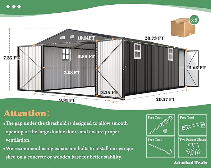 AMERLIFE 10x21x7.3 FT Outdoor Metal Garage Shed, Extra Large Storage Shed with Double Hinged Doors & 4 Windows, Carport for Car, Midsize SUV and Equipment Storage, Dark Gray