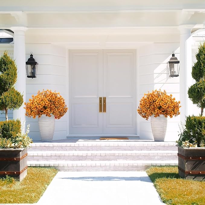 16 Bundles Artificial Fall Flowers UV Resistant Faux Greenery, All Weather Outdoor Autumn Decor for Thanksgiving Christmas Wedding Home Garden Fireplace Party Décor (Fall Orange Yellow)