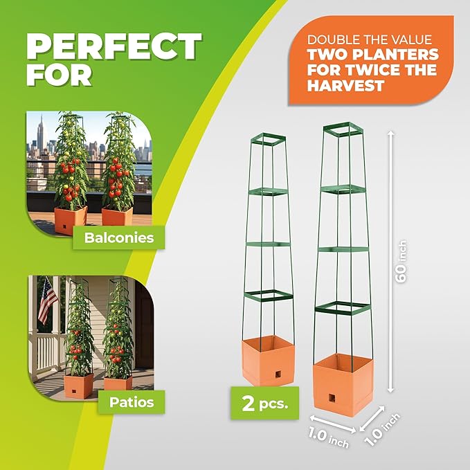 Bio Green 2 Pack Garden Tomato Planter MAXITOM, with Plant Support Trellis 59 inch and Self Watering, 4,2 Gal Planter Box for Climbing Vegetables Plants, Terracotta