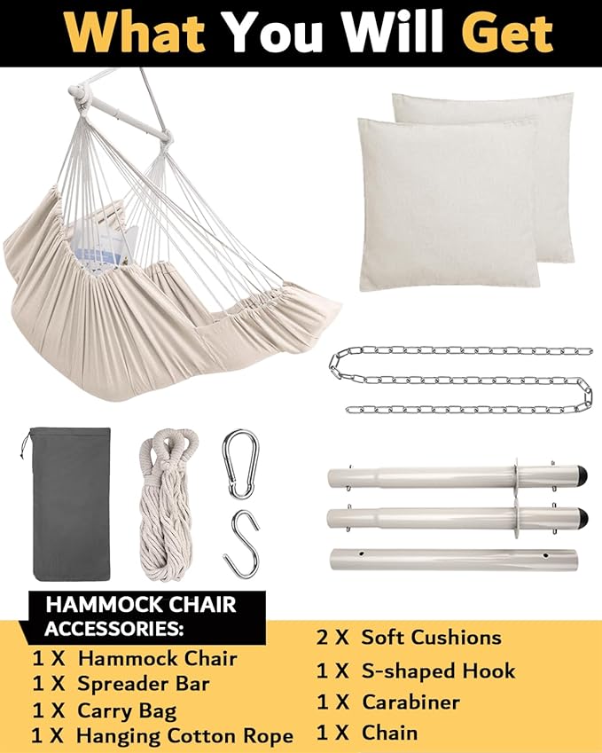 Miztli Hammock Chair Hanging Chair Swing for Bedroom with Foot Rest, Max 500 Lbs, Steel Spreader Bar with Anti-Slip Rings-2 Cushions Included-Indoor and Outdoor
