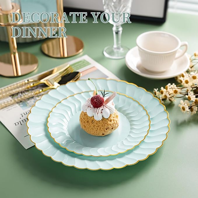 Lullaby 60PCS Sage Green Plastic Plates with Gold Rim, Includes 30PCS Dinner Plate 10.25'' and 30 PCS Dessert Plate 7.5'', Green Disposable Plates for Party, Birthdays, Wedding and Daily Use