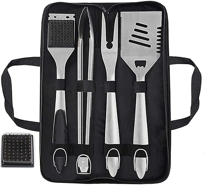 grilljoy 8PCS BBQ Grill Tools Set with Extra Thick Stainless Steel Spatula, Fork, Tongs & Cleaning Brush - Complete Barbecue Accessories Kit with Portable Bag - Perfect Grill Gifts for Men Black