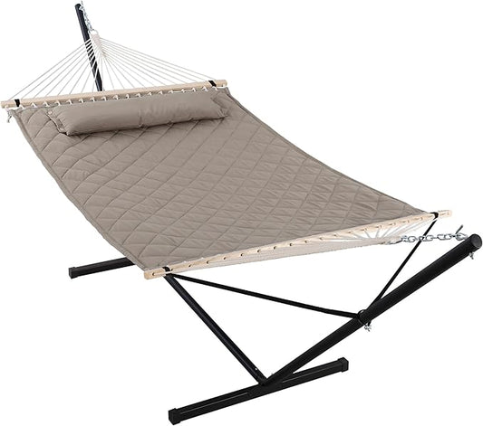 ANOW 2 Person Hammock with 12FT Stand, Heavy Duty Hammock with Stand for Outdoors, 450 LBS Weight Capacity, Light Brown