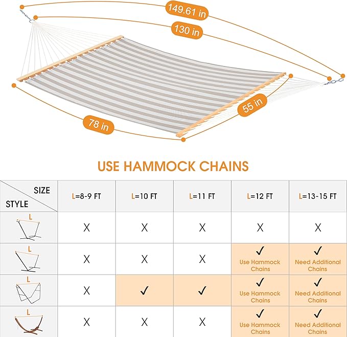 Lazy Daze Hammocks Quick Dry Hammock with Spreader Bar Textliene Fabric Double Outside Hammock with Chains Outdoor Patio Poolside Backyard Beach 450lbs Capacity, Beige White Stripes