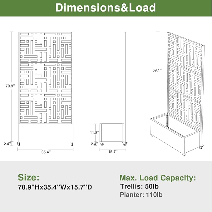 Casaphoria Metal Raised Garden Bed with Trellis and Wheels, 72"x35"x16" Planter Box for Climbing Plants, Vegetables & Vines, Features Drainage Holes and Privacy Screen (Black-Helen)