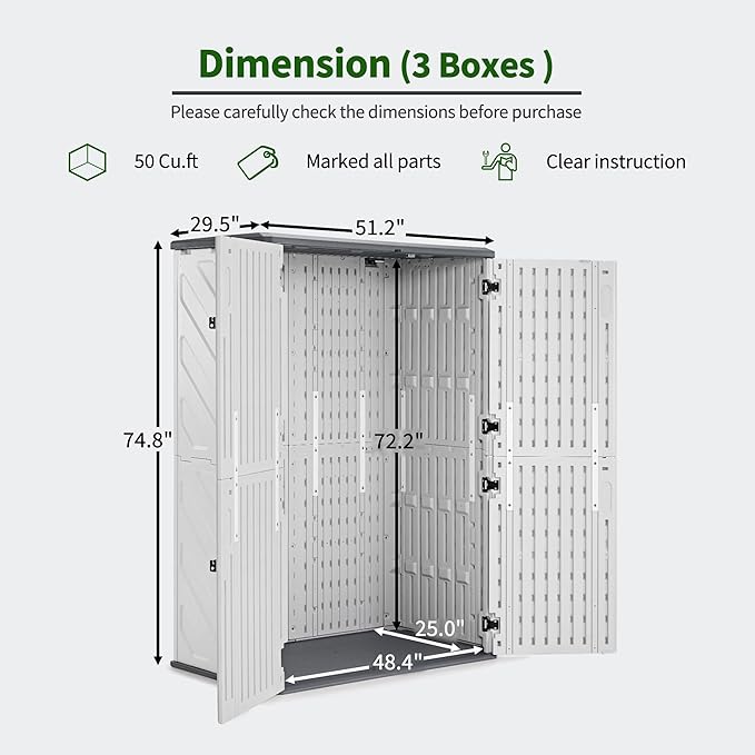 Macrout 50 Cu.Ft Plastic Outdoor Storage Cabinet with Floor, 4.3 x 2.5 ft Waterproof Resin Outdoor Storage Shed, Lockable Vertical Shed for Garden and Patio