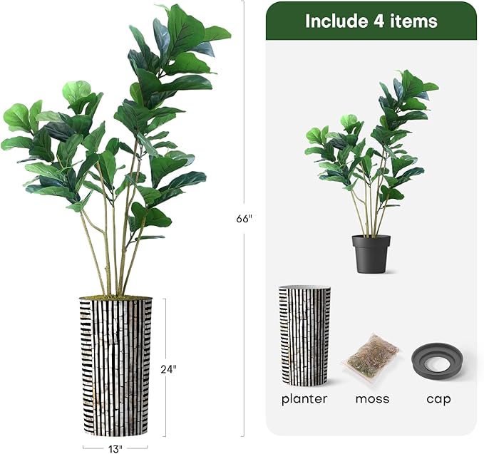 Artificial Tree in Black and Brown Striped Planter, Fake Ficus Lyrata Silk Tree for Indoor and Outdoor Home Decoration - 66" Overall Tall (Plant Pot Plus Tree)
