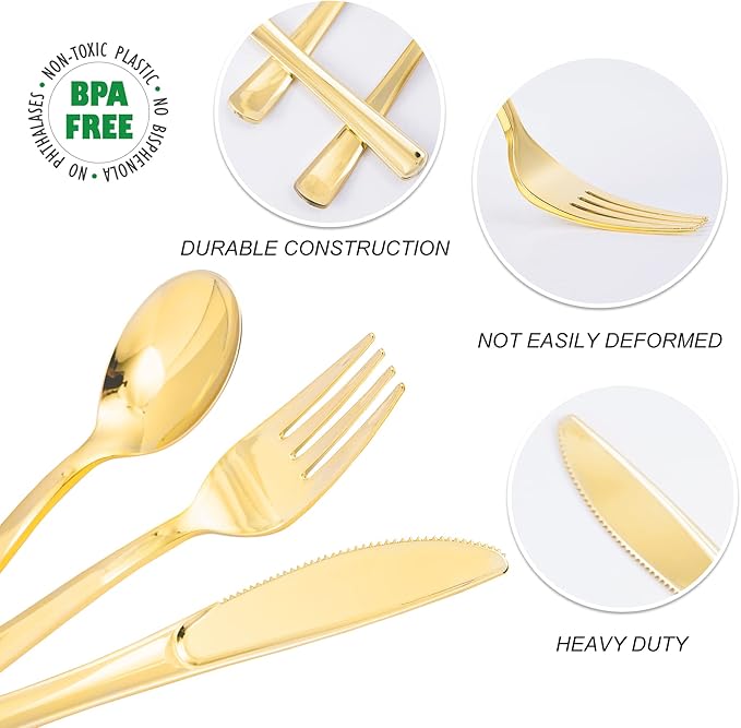 N9R 100PCS Gold Plastic Silverware - Gold Plastic Cutlery Set Disposable Flatware Dinnerware -50 Forks, 25 Spoons, 25 Knives for Party, Birthday, Wedding
