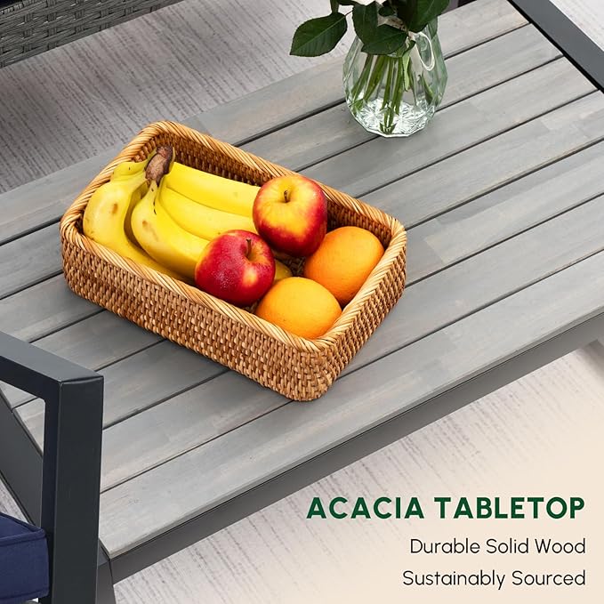 BEEFURNI Wicker Patio Furniture Outdoor Conversation Set of 4, Acacia Wood Table, 2 Rattan Chairs, 1 Loveseat, 2” Cushions, All-Weather, Easy Assembly, 1-Year Manufacturer Warranty (Gray)