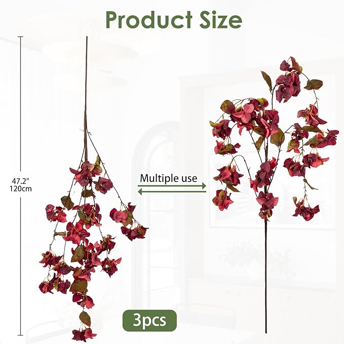 Artificial Bougainvillea Branches 47" Long Wisteria Vines Trailing Artificial Flowers for Front Door Porch Planter Urn Patio Balcony Drooping Flowers Dark Mauve Bugambilias for Planters