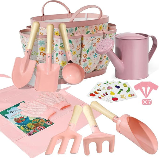 Kids Gardening Set 14Pcs Gardening Tools for Kids with Tote Bag,Watering Can, Shovel, Apron, Garden Book and More Educational STEM Learning Outdoor for Toddlers Boys Girls (Pink)