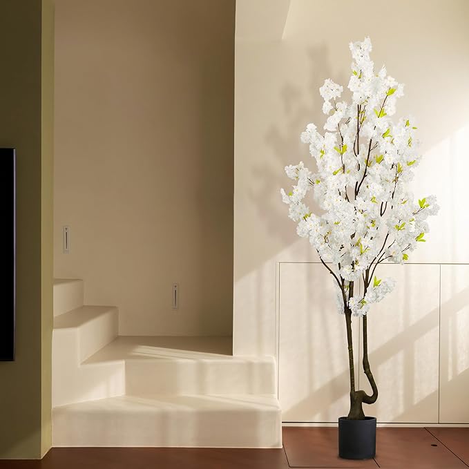 Faux White Cherry Blossom Tree 7ft(84in) Tall Artificial Plant Indoor Decor Handmade Natural Fake White Flower Tree for Wedding Realistic Cherry Plant in Pot for Home Living Room,Office,Outdoor Decor.