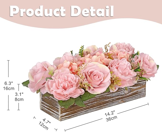 Flower Arrangement with Wooden Vase 14" Artificial Flowers in Pot - Fake Flowers Roses Peonies Hydrangeas in Wooden Vase Potted Artificial Flower Centerpieces for Table Decor Living Room - Dusty Pink