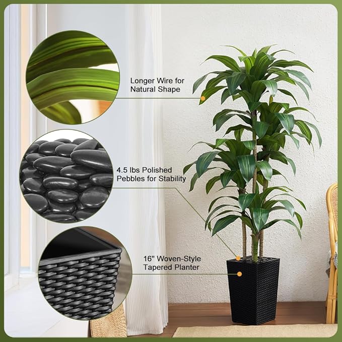 6FT Artificial Dracaena Tree - UV Resistant Faux Tropical Plant, Potted Fake Tree with Taper Planter & Pebbles - Indoor Outdoor Greenery for Home, Porch, Living Room, Bedroom Decor, VN127