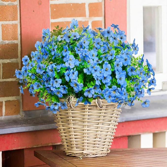 Artificial Flowers for Outdoors, 12 Bundles Outdoor Faux Plants,Uv Resistant Artificial Fake Flowers Plants, Realistic Spring Decor for Porch, Patio, Yard (Blue)