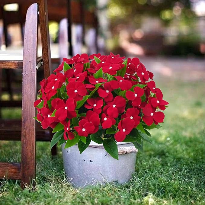 4 Pcs Artificial Flowers Impatiens Bouquet for Outdoors Silk Flowers UV Resistant Faux Impatiens Red Faux Plants for Outside Pot Patio Garden Hanging Basket Porch Decor