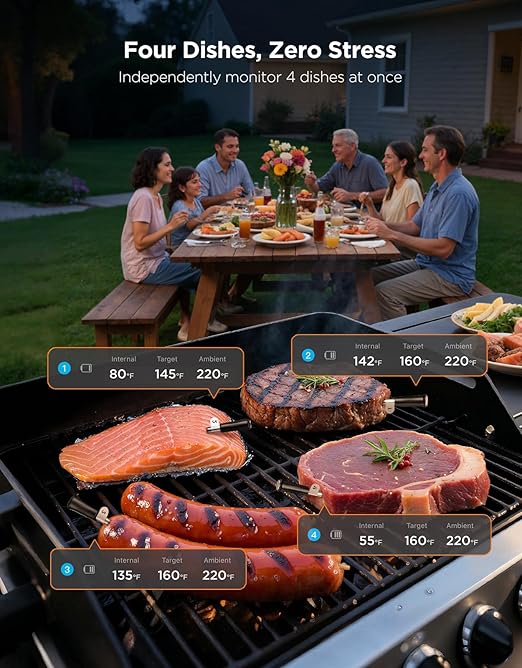 GoveeLife Bluetooth Wireless Meat Thermometer with 4 Probes, WiFi Unlimited Range, ±1.8℉ Accuracy, IP68 Waterproof Real Time Monitoring Digital Food Thermometer for Kitchen, BBQ, Grill, Oven, Smoker