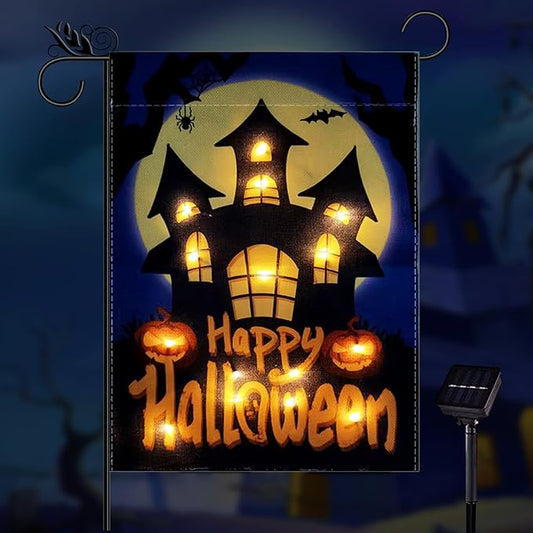 Happy Halloween Garden Flag LED Lighted Vertical Double Sided Garden Flag Halloween Castle Holiday Farmhouse Outdoor Yard Lawn Decoration 12.5 x 18 Inch