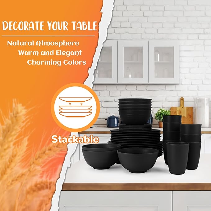 Kitchen Wheat Straw Dinnerware Set 40 PCS Dishes Sets for 8 Plastic Plates Reusable Dinner Plates Cereal Bowls Small Cups Dishwasher & Microwave Safe Unbreakable Dish Set for Picnic RV-Black