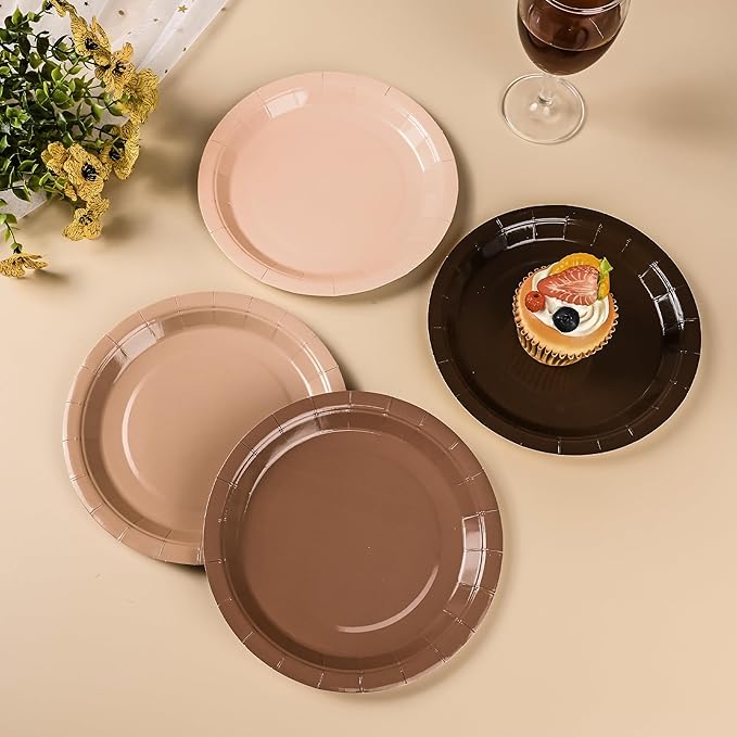 48Pcs Brown Paper Plates Gradient Brown Party Plates 4 Colors 7”Disposable Round Dessert Plates for Birthday Holiday Thanksgiving Gathering Party Supplies