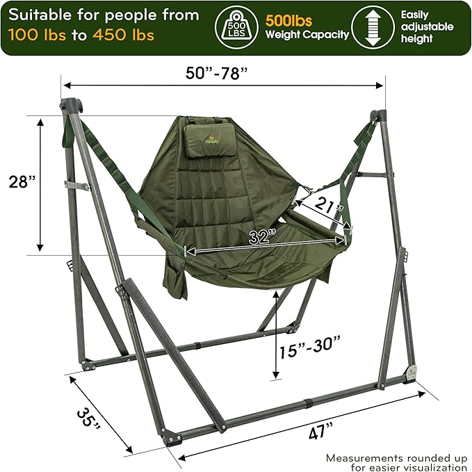 Tranquillo 2 in 1 Hammock and Swinging Chair with Collapsible Steel Stand & Carrying Case, Portable & Adjustable, 30s Set Up for Outdoor, Indoor, Porch Swing, Patio, Garden, Camping Trip, Green