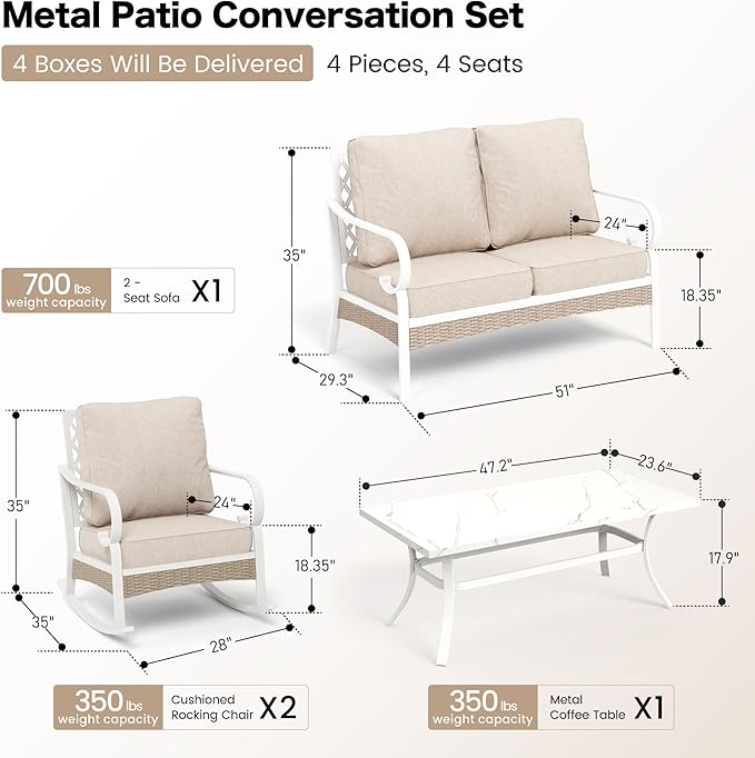4 Piece Metal Outdoor Patio Furniture Sets, Patio Conversation Sets 1 2-Seater Sofa, 2 Single Sofa with 5.75" Thick Cushion and Coffee Table, White Frame Backyard Furniture, Beige