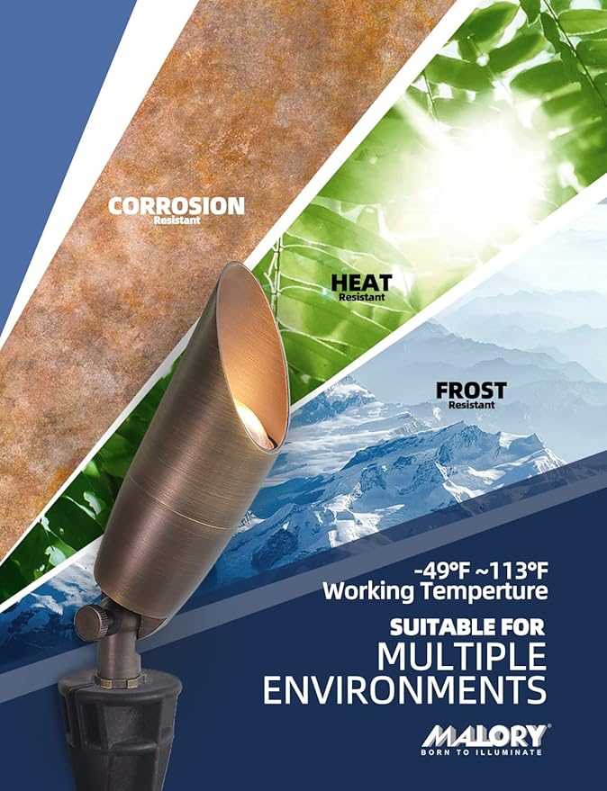 MALORY Solid Brass Landscape Spotlight 6-Pack with Bulb(S06), Low Voltage Front and Backyard Landscape Lighting with Large Rugged Slot Spike & Wire Connector,12V AC/DC Garden Patio Spot Up Light