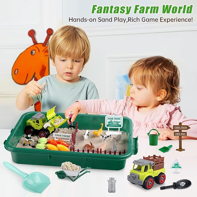 Farm Sensory Bin, Farm Sensory Kits Toy with 2.2lbs Play Sand, 31pcs Animals Trucks Creativity Magic Sand Box with Lid, Christmas Birthday Gift for Boys Kids Toddlers Ages 3 4 5 6 7 8