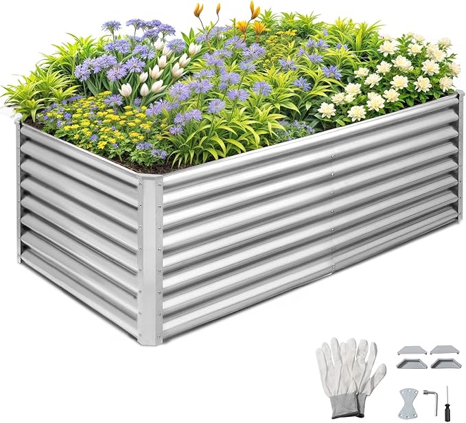 VINGLI 6x3x2ft Raised Garden Bed, Large Planter Garden Boxes Outdoor, Planter Raised Beds Kit for Gardening for Vegetables, Flowers, Herbs (Silver)