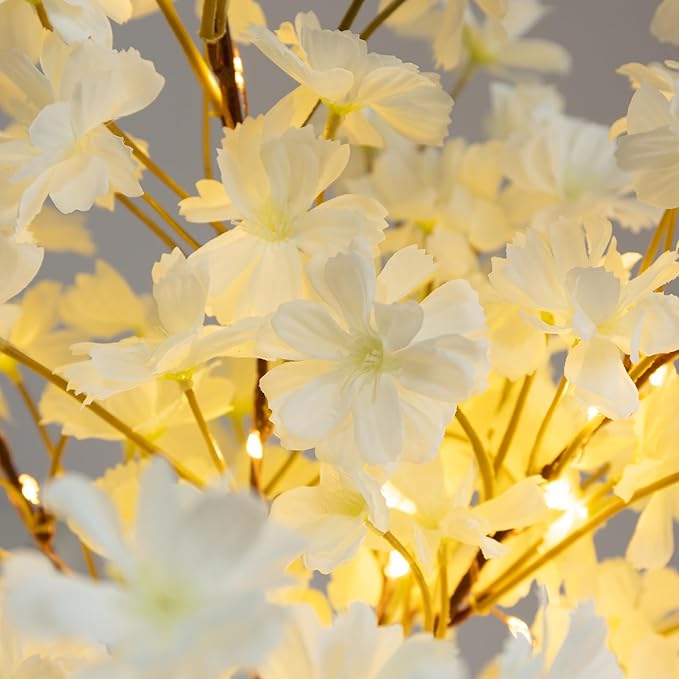 Lighted Cherry Blossom Tree Artificial, 19 Inch Faux Bonsai Tree Japanese Decor, Battery Operated Floral Desktop Tree for Indoor Home Spring Summer Easter,White