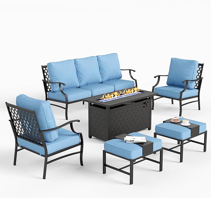 6 Piece Metal Outdoor Patio Furniture Set with Firepit Table, Patio Conversation Set 1 3-seater Sofa, 2 Fixed Chair, 2 Ottomans with 5.75" Thick Cushion, Black Backyard Furniture, Blue