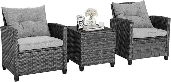 HAPPYGRILL 3 Pieces Patio Conversation Set, Outdoor Furniture Set PE Rattan Sofa Set with Removable Cushions, PE Wicker Chairs with Tempered Glass Side Table for Porch Lawn Garden Balcony Backyard
