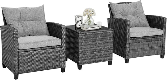 HAPPYGRILL 3 Pieces Patio Conversation Set, Outdoor Furniture Set PE Rattan Sofa Set with Removable Cushions, PE Wicker Chairs with Tempered Glass Side Table for Porch Lawn Garden Balcony Backyard
