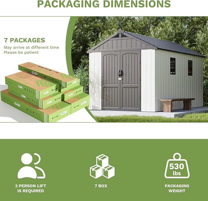 Patiowell 8x12 FT Outdoor Storage Shed, Plastic Shed Resin Garden Shed with Floor & Window & Lockable Door for Patio Furniture, Backyard Tools, Bicycles & Lawnmower, Beige