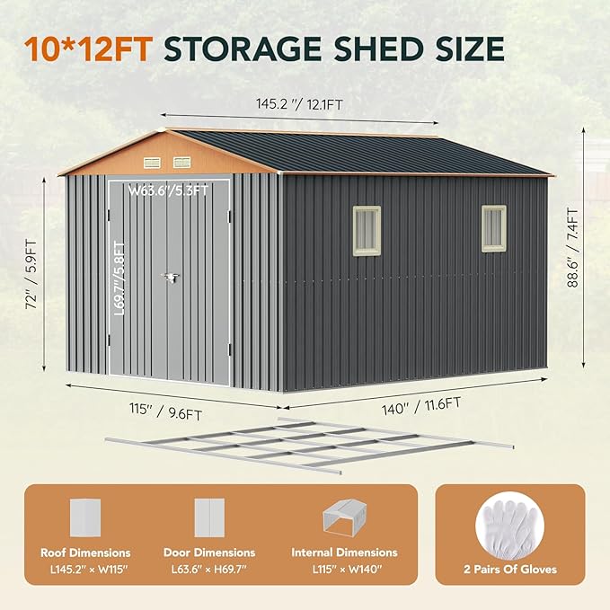 10x12x7.4FT Multi-Used Shed & Outdoor Storage Shed with Base, Lockable Doors, Windows and Vents, Extra Large Metal Shed for Garden,Backyard, Patio,Utility, Various Storage Shed(Matte Gray)