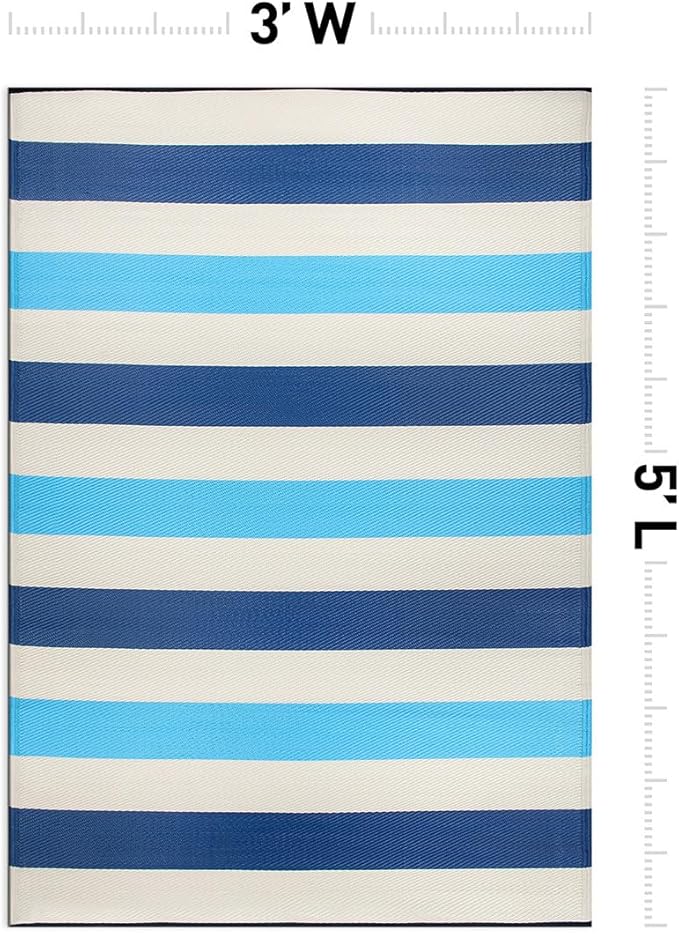 Rugshop Contemporary Stripe Reversible Crease-Free Waterproof Premium Recycled Plastic Outdoor Rugs for Patio,Backyard,RV,Deck,Picnic,Trailer,Beach,Camping,Sunroom Blue 3' x 5'