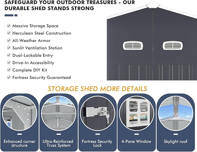 Metal Garage Shed 13x20x8.5' with Floor Frame Kit, Large Outdoor Storage Building Ultra-Reinforced Truss System, with Skylights Dual-Entry Steel Carport Workshop for Car Boat Big Tool Organization