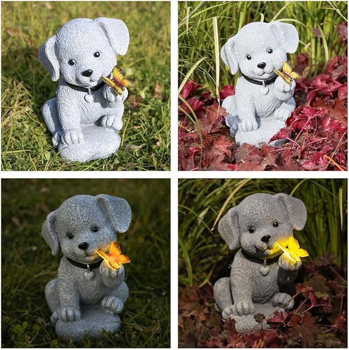 Solar Dog Statue with Butterfly Lantern - Outdoor Garden Decor with LED Lights for Patio, Yard, Balcony - Waterproof Cute Dog Sculpture, Ideal Housewarming Gardening Gifts for Women, Mom, Grandma