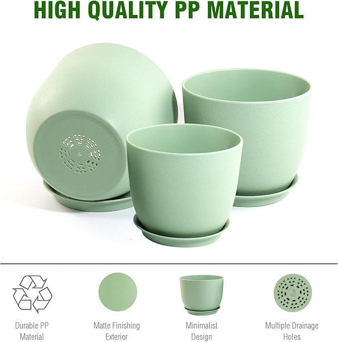 Modern Plant Pots Set, 9/8/7.5 inch Plastic Planters for Indoor Plants, Stylish Flower Pots with Drainage Holes and Saucers for House Plants and Flowers, Green