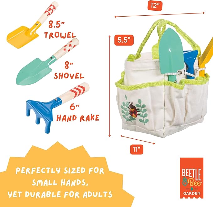 Beetle & Bee Kids Garden Tote Kit – Durable, Easy-to-Clean Gardening Tools Set - Includes Canvas Tote Bag, Hand Rake, Shovel & Trowel - Perfect Toddler Gardening Set