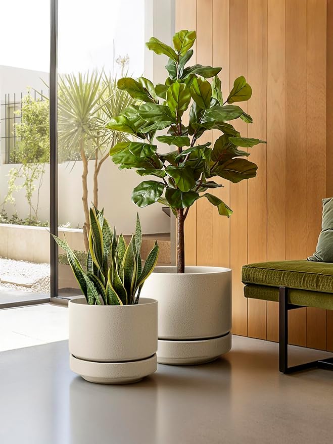 LE TAUCI 12 Inch Pots for Plants with Saucer | Ceramic Outdoor & Indoor Planter Pot for Plants | Drainage Hole, Mesh Pad & Plug | Unglazed Porous | Modern for Home, Office and Patio – Speckled Oat