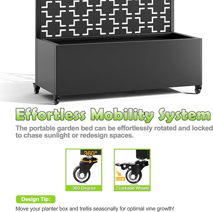 15.7"×70.9"×35.4" Metal Raised Garden Bed with Trellis and Wheels - Tall Trellis Planter Box for Climbing Plants, Vegetables & Vines - Outdoor Privacy Planters for Patio (Black-Square)