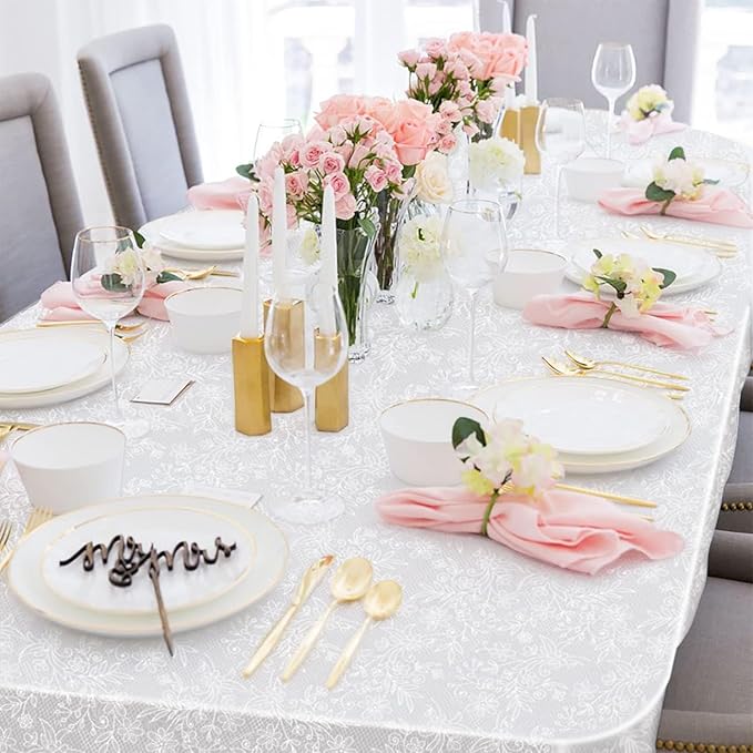 2 Pack Plastic Lace Tablecloth, White Plastic Table Cloths for Parties Disposable, 54x108 in Waterproof Rectangular Plastic Lace Camping Tablecloth for Birthday, Party, Wedding